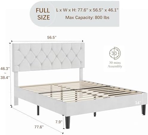 VECELO Full Size Bed Frame with Diamond Tufted Headboard, Upholstered Platform Bedframe with Wood Slat Support, No Box Spring Needed, Velvet & White