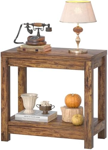 Besiost Farmhouse End Table, Slim End Table with Storage Shelf, Small Console Table for Small Spaces, Rustic Nightstand Sofa Table for Living Room, Bedroom, 24", Rustic Brown
