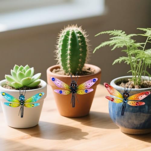 3Pcs Dragonfly Decorations for Flower Pots - Iron and Glass Painted Hanging Dragonflies Ornaments, Plant Pot Potted Hanger Figurines, Outdoor Garden Pendant Decor