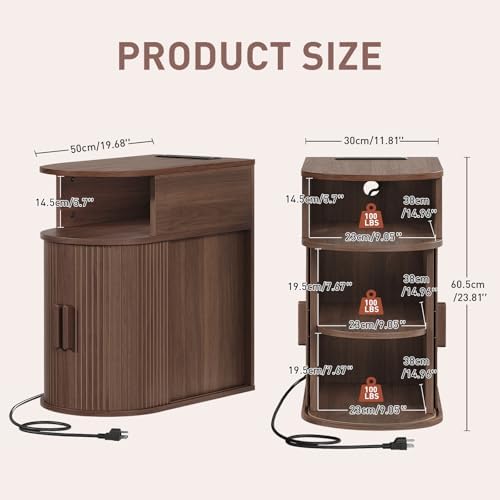 RALGEND Narrow End Table with Charging Station and Sliding Curved Door