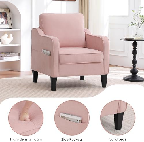 Accent Chair for Living Room, Mid Century Modern Reading Chair for Bedroom, Upholstered Armchair with Side Pockets, Comfy Single Sofa Side Chair for Office, Apartment, Small Room, Pink