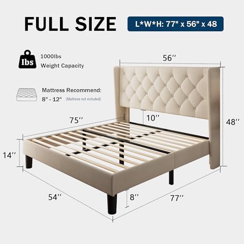GalnFu Full Size Bed Frame with Button Tufted Headboard, Upholstered Platform Bed Frame with UnderBed Storage, Wooden Slats Supports, Noise Free, No Box Spring Needed, Easy Assembly, Beige