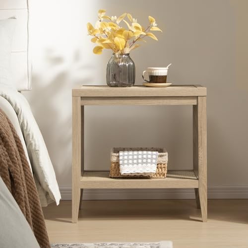 SICOTAS Rattan End Table Night Stand with Storage, Long Bedside Table