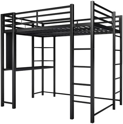 Full Size Metal Loft Bed with Desk and 2 Built-In Ladders, Black
