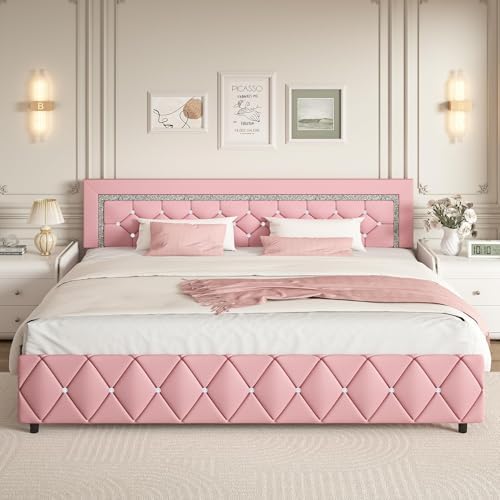 King Size Bed Frame, Faux Leather Upholstered Bed with Diamond Headboard