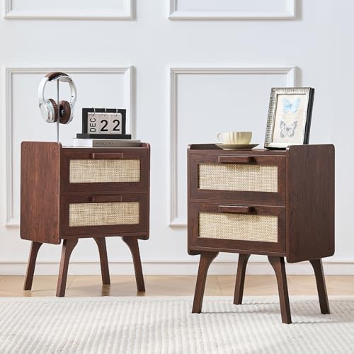 Lerliuo Rattan Nightstands Set of 2 for Bedroom, 2 Drawers