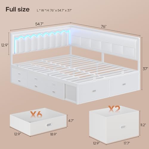 ADORNEVE Full Corner Bed Frame with 8 Storage Drawers and LED Lights, White