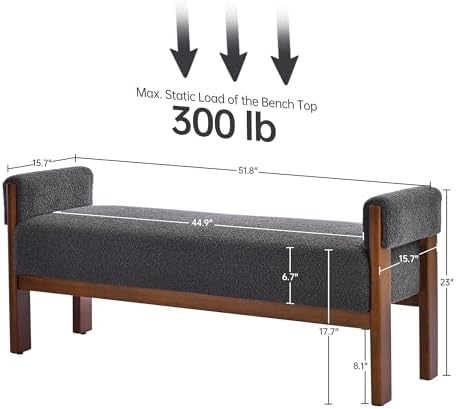 VKNOW 51.8”End of Bed Bench Upholstered Bedroom Bench with Arms, Dark Gray
