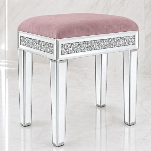 Vanity Stool with Storage Mirrored Legs, Velvet Cushioned Ottoman, Hidden Compartment, Sparkling Diamond Trim, Glam Makeup Chair & Piano Bench (Dusty Pink)