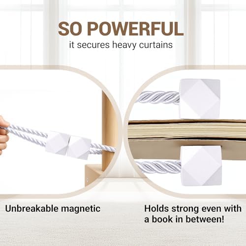 Hion Magnetic Curtain Tiebacks White 6pcs, Curtain Holdbacks Hooks Holders