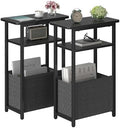 sthmec Narrow Side Table Set of 2, Skinny End Tables with Fabric Basket, Small Side Tables for Small Space,2-Tier Open Shelves with Basket, Slim Nightstands Set 2 for Bedroom,Livinroom,Office, Black