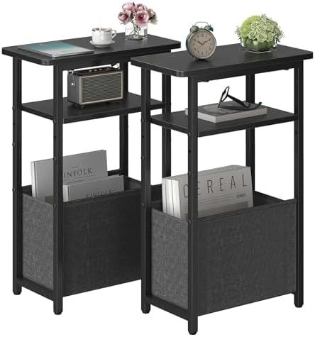 sthmec Narrow Side Table Set of 2, Skinny End Tables with Fabric Basket, Small Side Tables for Small Space,2-Tier Open Shelves with Basket, Slim Nightstands Set 2 for Bedroom,Livinroom,Office, Black