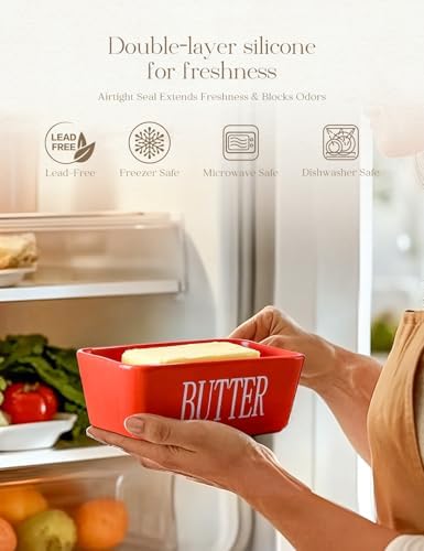 AISBUGUR Large Butter Dish with Lid Ceramics Butter Keeper Container with Knife and High- quality Silicone Sealing Butter Dishes with Covers Good Kitchen Gift Red 6.3 x 3.5 x 2.7 inches
