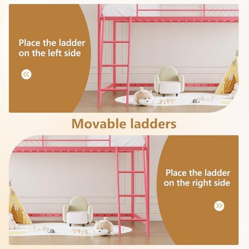 JOYMOR Low Loft Bed with Inclined Ladder, Metal Twin Size Bed Frame with 15” High Guardrail for Boys Girls, Junior, Space Saving, Mattress Not Included (Pink)