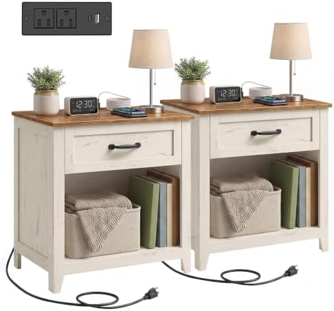 VASAGLE 23.6 inch Farmhouse Nightstands Set 2, Charging Station, 1 Drawer