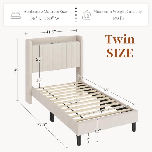 Yaheetech Twin Bed Frame with Channel-Tufted Storage Headboard, Beige