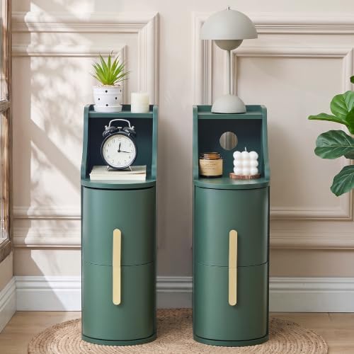 Set of 2 Narrow Green Nightstands, 2 Drawer Cylinder Bedside Table with Cable Hole, Mid Century Modern Slim End Table for Small Bedroom