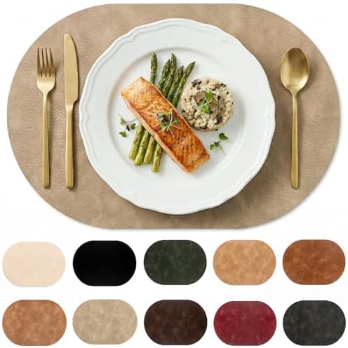 Oval Placemats Set of 12, Wipeable Faux Leather, Apricot