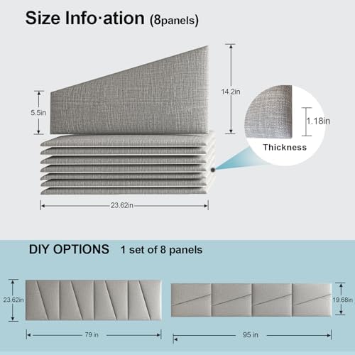 Peel and Stick Headboard Panels for King Bed, Upholstered Wall Mounted Headboard in Lighe Gray, Soft Padded Fabric Noise-Reducing Panels with Modern Stylish Design for Bedroom Decor (8 Panels)