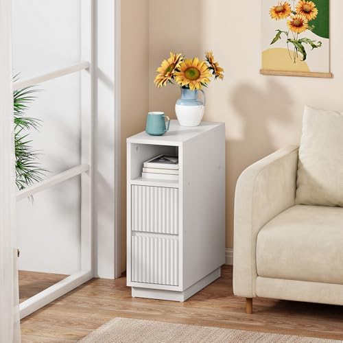 CHOEZON 8.7" Narrow Fluted Nightstand, Small Bedside Table with Drawers, Skinny Side Table, Modern Nightstand with 1 Semi-Open Shelf, Floating End Table, for Living Room, Bedroom, White MBZ12WB
