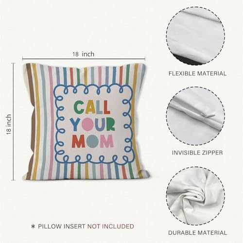 Funny Call Your Mom Throw Pillow Cover 18x18 Set of 2, College Student Gifts Decorative Pillow Covers for College Dorm Room Bedroom Couch Sofa, Colorful Striped Accent Pillows Cover Pillowcases