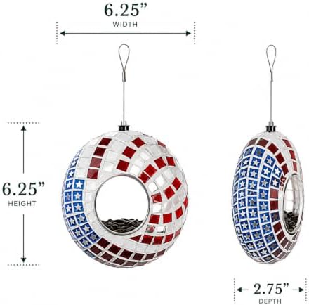 Backyard Expressions Hanging Glass Bird Feeder - Patriotic - Fly Through Bird Feeders for Outside, Mosaic Bird Feeder, Round Shape Wild Birdfeeder