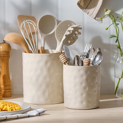 famiware Ceramic Utensil Holder, 7.2"+5.8", Set of 2, Vanilla White