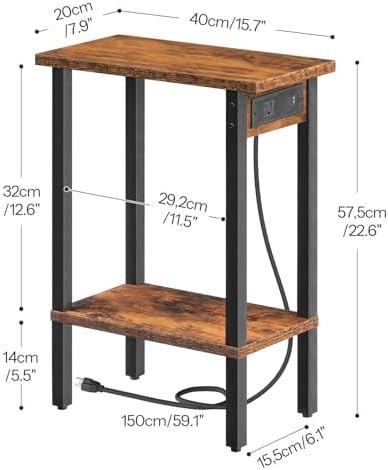 HOOBRO Narrow Side Table, 2-Tier Slim End Table with Charging Station, Skinny Nightstand with Open Storage, for Small Spaces, Living Room, Bedroom, Study, Rustic Brown and Black BF240UBZ01