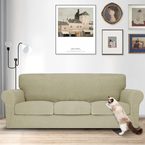 MAXIJIN 4 Piece Couch Covers for 3 Cushion Couch Sofa Covers, Stretch Couch Slipcovers for Sofas with 3 Cushions, Thick 3 Seat Furniture Protector for Dogs Pet (71"-91", Khaki)