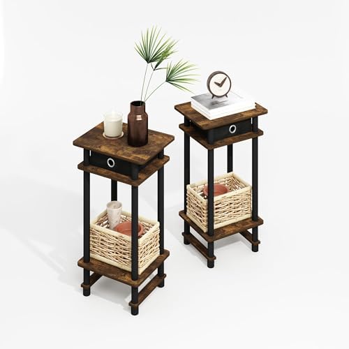 Furinno Modern Toolless 3-Tier Compact Side Table Set of 2, Amber Oak