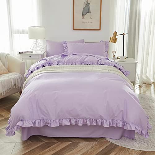 Brandream Kids Bedding Set Full/Queen Size 100% Organic Cotton Duvet Cover Shams Set for Girls 3pc, Delicate Ruffle Fringe Solid Color Soft and Breathable (Purple)