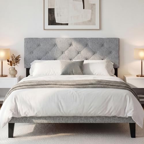 KOMFOTT Linen Upholstered Headboard for Full & Queen Size Bed Frame, Tufted Button Bed Headboard with Solid Rubber Wood Legs, Rectangular Headboard with Adjustable Width (Rhombic Button Tufted,Grey)