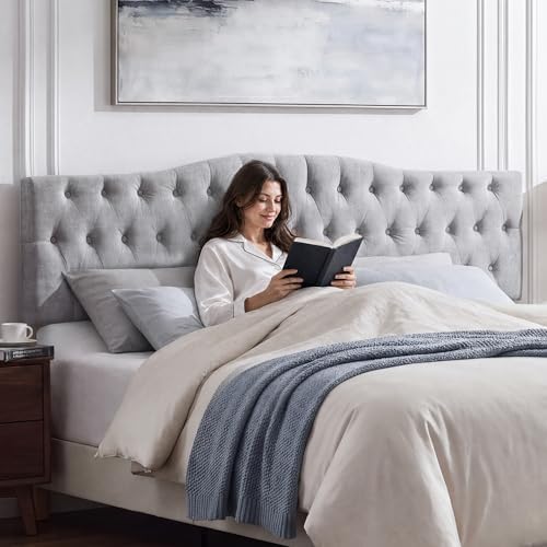 Iroomy Upholstered Full Headboard, Button Diamond Tufted Headboards with Adjustable Height and Solid Wood Leg, Linen Fabric Padded Headboard for Full Size Bed, Mordern Head Board, Grey