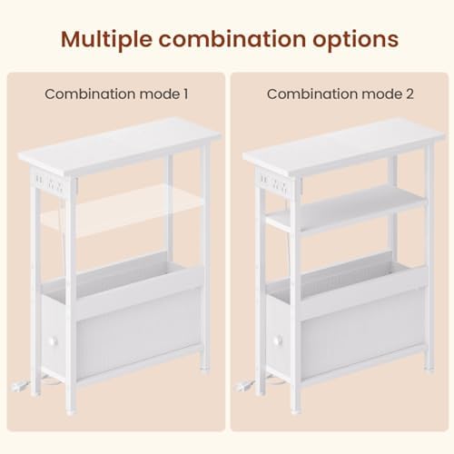 Narrow White Side Table with Charging Station and LED Light, End Table