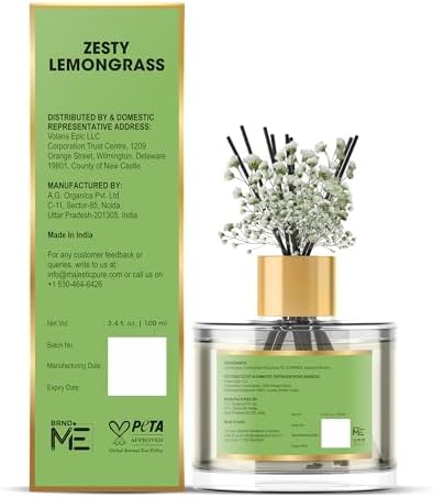 Majestic Pure Lemongrass Reed Diffuser for Home, Bathroom & Office | Natural Aromatherapy Air Freshener & Room Fragrance, with Reed Sticks & Dried Flowers 3.4 fl oz