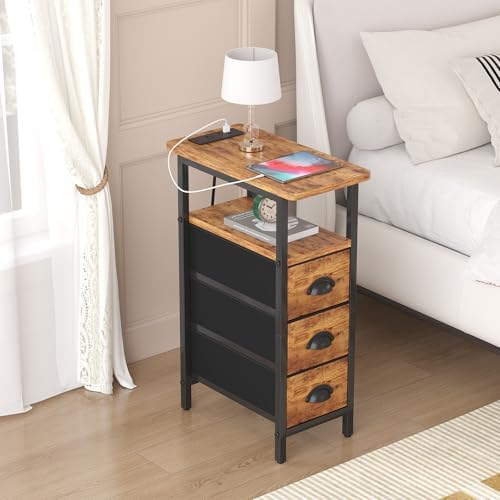 sthmec End Table with Charging Station,Narrow Side Tables with USB Ports and Outlets,Skinny Bedside Tables with 3 Drawers,Small Nightstands for Small Space,Slim Sofa Table for Livingroom,Rustic Brown