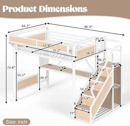 Full Size Metal Loft Bed Frame with Storage Staircase & Built-in Desk & Wardrobe, Loft Bed with Pegboard & Mesh Storage Baskets & Slats, No Box Spring Required, Easy Assembly, for Bedroom, White