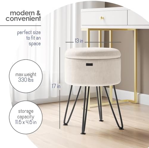 Round Ottoman with Storage, Textured Velvet Storage Ottoman, Foot Stool Ottomans, Makeup Vanity Stool, Small Ottomans Foot Rest, Modern Vanity Stools for Living Room and Bedroom, Cream