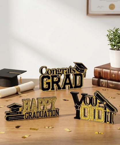 Putuo Decor Graduation Table Decor Set of 3, Gold Glitter Decor with Cap Diploma Design, Congrats Grad Gift for High School College Graduate, Tabletop Decoration for Graduation Party