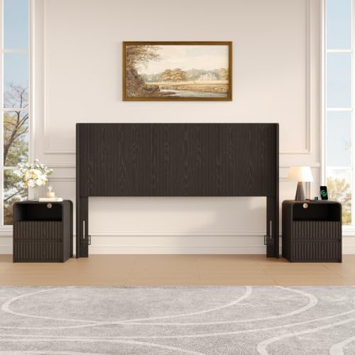 Queen Size Headboard with Nightstands, Boho Wood Head Board & Nightstand Set of 2 with Charging Station & LED Lights, Modern Fluted Wall-Mounted Bed Headboards for Bedroom, Height Adjustable, Black