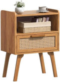 Lerliuo Rattan Nightstand, Side Table with Drawer Open Shelf