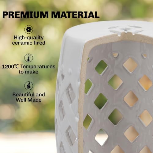 Outsunny 12.5" x 18" Ceramic Garden Stool Outdoor Stool Woven Lattice White