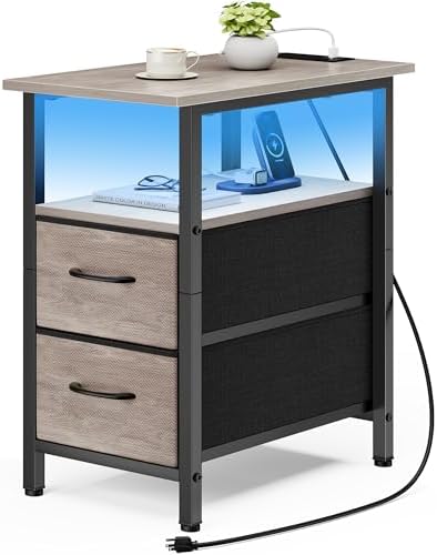 Vagusicc Nightstand with Charging Station and LED Lights, Narrow Side Table, LED Night Stand with 2 Fabric Drawers, Bedside Table with USB Ports and Outlets, Tall Nightstand for Bedroom, Rustic Grey