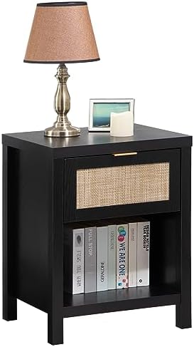 SICOTAS Black Rattan Nightstand Farmhouse Night Stands with Drawer