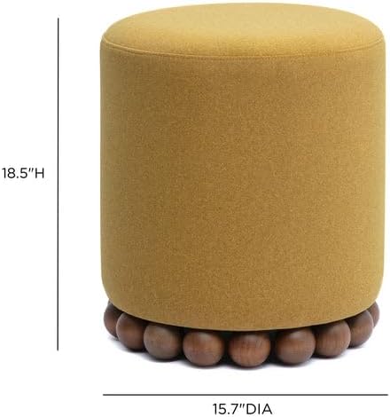 First of a Kind Amber Performance Vegan Mohair Ottoman, Plush Upholstered Accent Stool and Footrest with Foam-Padded Top and Solid Wood Orb Legs