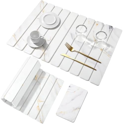 Stone Dish Drying Mat for Kitchen Counter - White Marble 24"×16" & 8"x4"