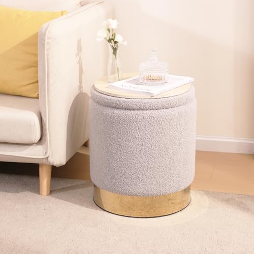 YYW HOME Round Ottoman with Storage Set of 2 Gray Sherpa Vanity Stool