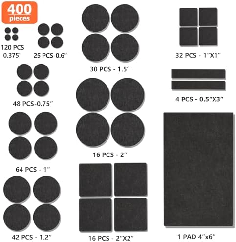 Felt Furniture Pads 400 Pieces, Furniture Pads for Hardwood Floors Black