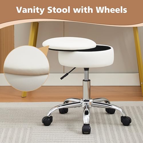 Adjustable Vanity Stool Storage Swivel Rolling Vanity Chair with Wheels