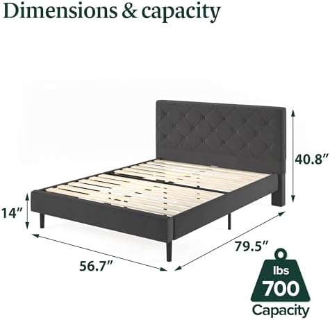 Zinus Full Shalini Upholstered Platform Bed Frame with Headboard [New WonderBox(TM) Version], Wooden Slat Support, No Box Spring Needed, Easy Assembly, Eco Friendly Packaging, Dark Grey